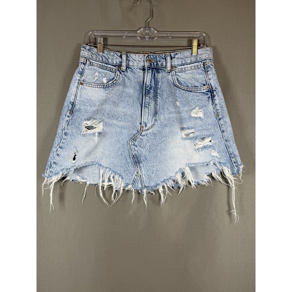 ZARA The Mini Skirt Denim Distressed Destroyed Raw Hem Light Wash Large